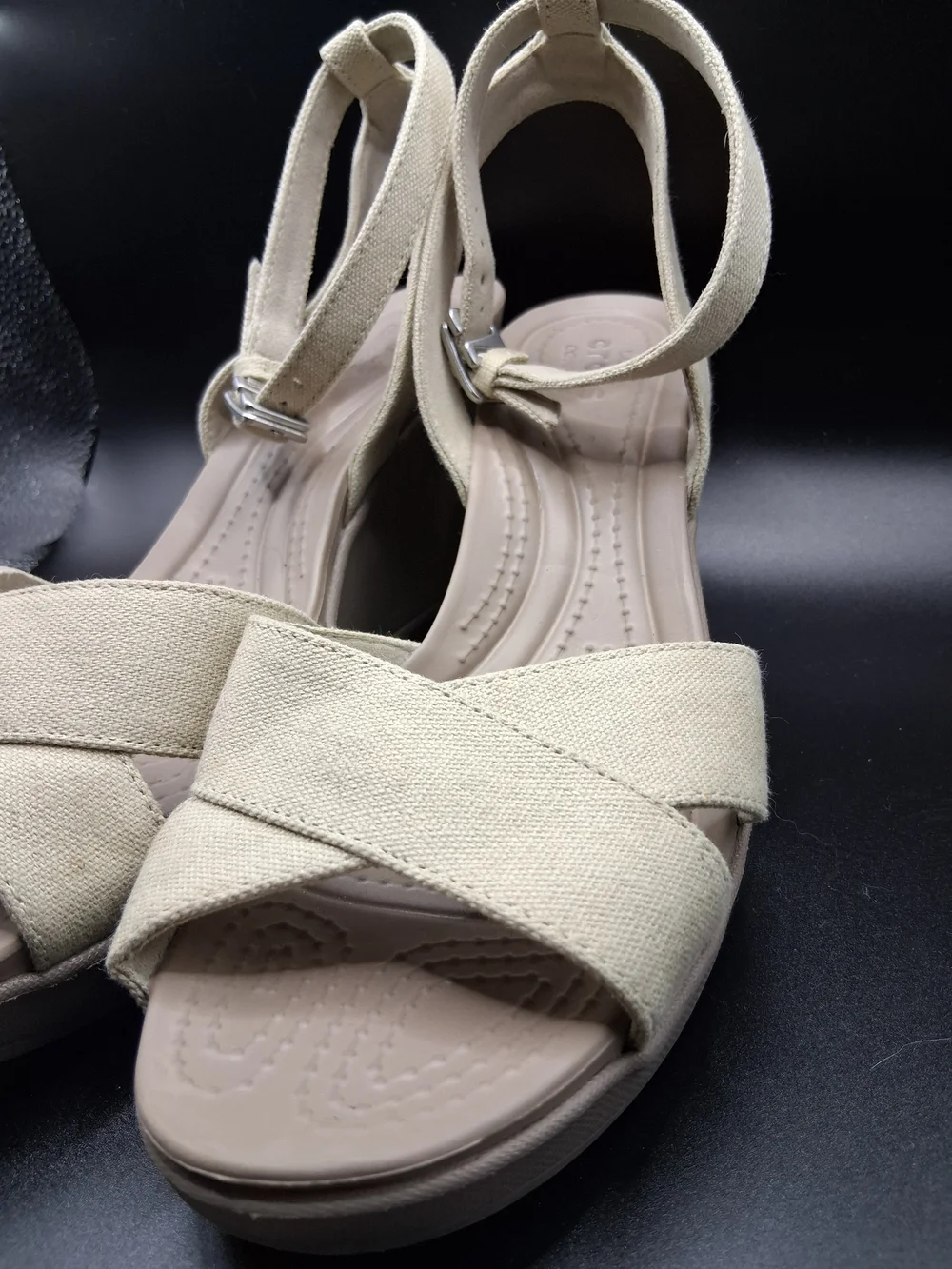 CROCS Cream Canvas Wedge Sandals with Ankle Strap - Picture 10 of 11